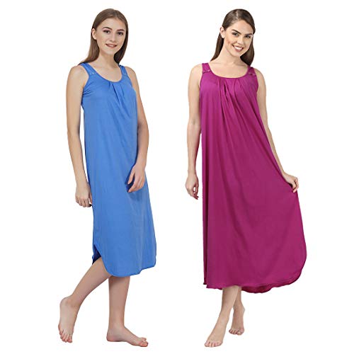 BLAZON Women's Cotton Hosiery Solid Maxi Nighty Slip (Pack of 2) Available Sizes: S, M, L, XL, 2XL, 3XL, 4XL, 5XL - Azure Blue, Vivid Violet