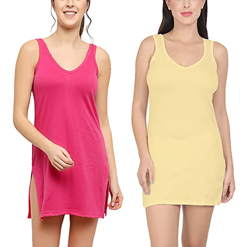 BLAZON Women's Cotton Hosiery Selfie Midi Slip Combo Pack of 2 (Available Sizes: XS, S, M, L, XL, 2XL, 3XL, 4XL, 5XL) - Dark Pink, Skin