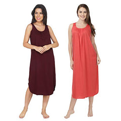 BLAZON Women's Cotton Hosiery Solid Maxi Nighty Slip (Pack of 2) Available Sizes: S, M, L, XL, 2XL, 3XL, 4XL, 5XL - Tamarind, Old Rose