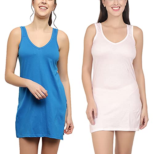 BLAZON Women's Cotton Hosiery Selfie Midi Slip Combo Pack of 2 (Available Sizes: XS, S, M, L, XL, 2XL, 3XL, 4XL, 5XL) - Royal Blue, Baby Pink