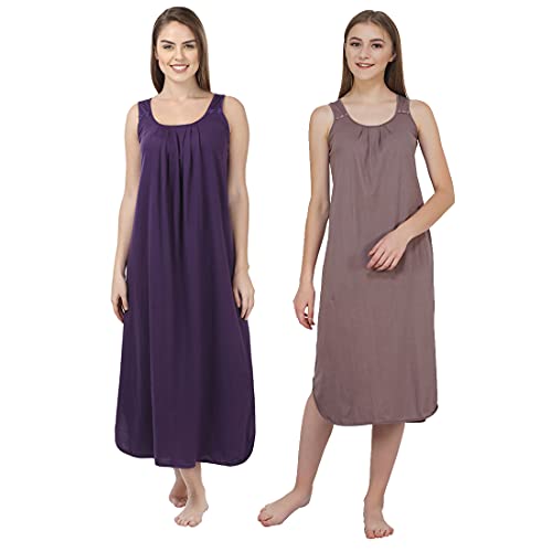 BLAZON Women's Cotton Hosiery Solid Maxi Nighty Slip (Pack of 2) Available Sizes: S, M, L, XL, 2XL, 3XL, 4XL, 5XL - Brownish Grey, Blueviolet