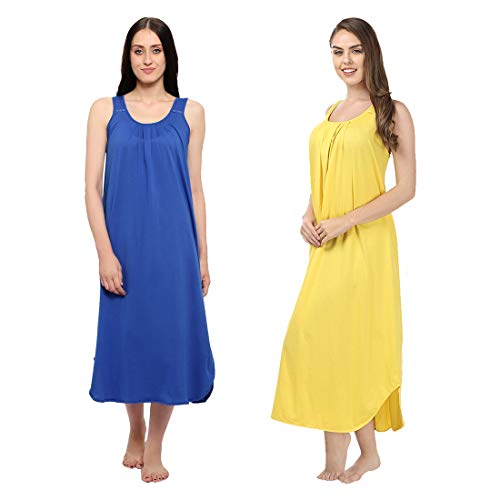 BLAZON Women's Cotton Hosiery Solid Maxi Nighty Slip (Pack of 2) Available Sizes: S, M, L, XL, 2XL, 3XL, 4XL, 5XL - Sapphire Blue, Yellow