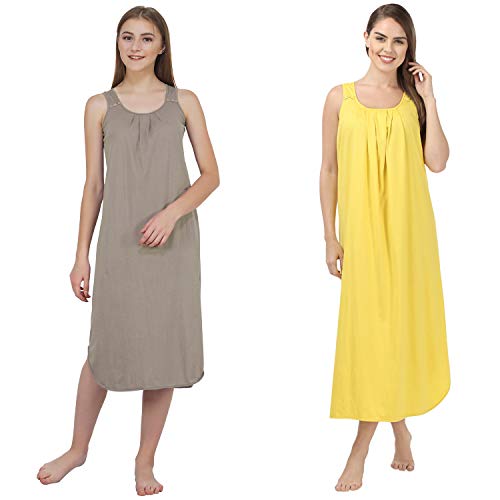 BLAZON Women's Cotton Hosiery Solid Maxi Nighty Slip (Pack of 2) Available Sizes: S, M, L, XL, 2XL, 3XL, 4XL, 5XL - Smoky Grey, Yellow