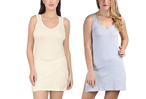 BLAZON Women's Cotton Hosiery Selfie Midi Slip Combo Pack of 2 (Available Sizes: XS, S, M, L, XL, 2XL, 3XL, 4XL, 5XL) - Off White, Blueberry Frost