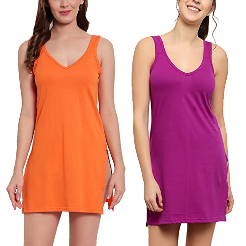 BLAZON Women's Cotton Hosiery Selfie Midi Slip Combo Pack of 2 (Available Sizes: XS, S, M, L, XL, 2XL, 3XL, 4XL, 5XL) - Orchard, Vivid Violet