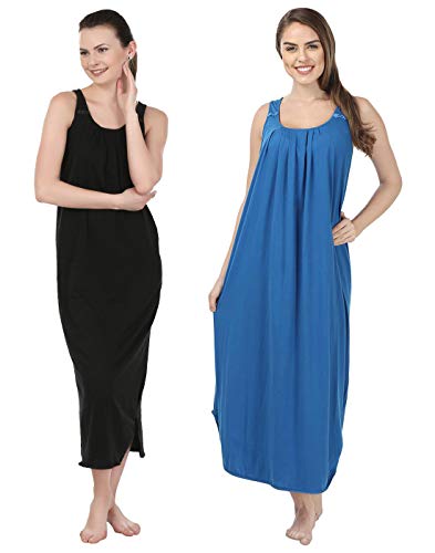 BLAZON Women's Cotton Nighty Slip - Set of 2 (Black & Royal Blue)