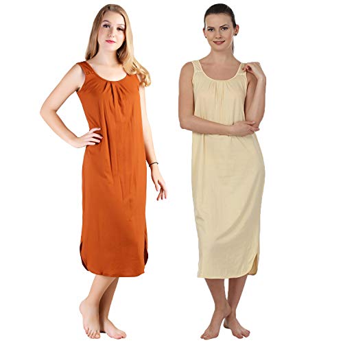 BLAZON Women's Cotton Hosiery Solid Maxi Nighty Slip (Pack of 2) Available Sizes: S, M, L, XL, 2XL, 3XL, 4XL, 5XL - Brandy, Skin