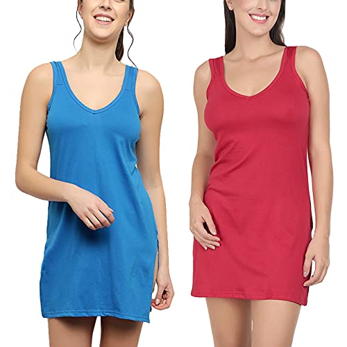 BLAZON Women's Cotton Hosiery Selfie Midi Slip Combo Pack of 2 (Available Sizes: XS, S, M, L, XL, 2XL, 3XL, 4XL, 5XL) - Royal Blue, Red