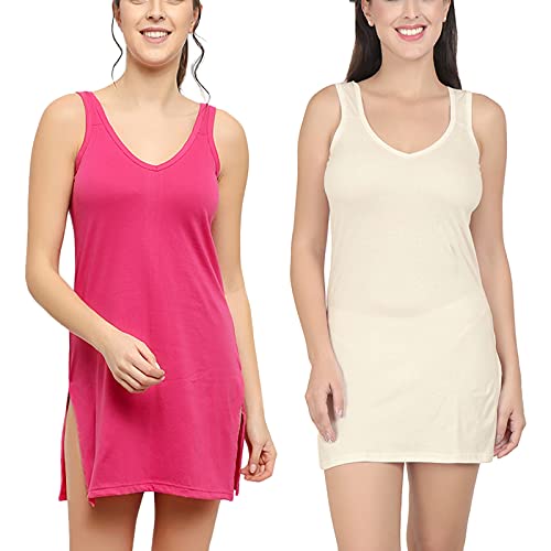 BLAZON Women's Cotton Hosiery Selfie Midi Slip Combo Pack of 2 (Available Sizes: XS, S, M, L, XL, 2XL, 3XL, 4XL, 5XL) - Dark Pink, Off White