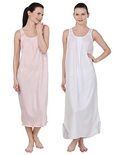 BLAZON Women's Cotton Nighty Slip - Set of 2 (Baby Pink & White)