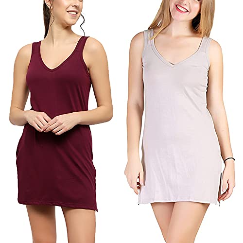 BLAZON Women's Cotton Hosiery Selfie Midi Slip Combo Pack of 2 (Available Sizes: XS, S, M, L, XL, 2XL, 3XL, 4XL, 5XL) - Tamarind, Almond Frost