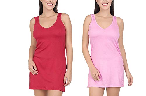 BLAZON Women's Cotton Hosiery Selfie Midi Slip Combo Pack of 2 (Available Sizes: XS, S, M, L, XL, 2XL, 3XL, 4XL, 5XL) - Pink, Red