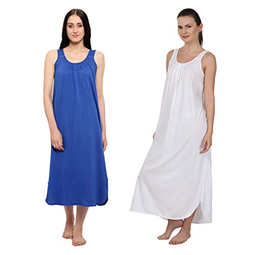 BLAZON Women's Cotton Hosiery Solid Maxi Nighty Slip (Pack of 2) Available Sizes: S, M, L, XL, 2XL, 3XL, 4XL, 5XL - Sapphire Blue, White