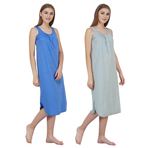 BLAZON Women's Cotton Hosiery Solid Maxi Nighty Slip (Pack of 2) Available Sizes: S, M, L, XL, 2XL, 3XL, 4XL, 5XL - Azure Blue, Wisp Grey