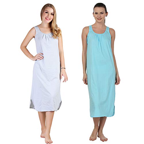 BLAZON Women's Cotton Hosiery Solid Maxi Nighty Slip (Pack of 2) Available Sizes: S, M, L, XL, 2XL, 3XL, 4XL, 5XL - Blueberry Frost, Turquoise
