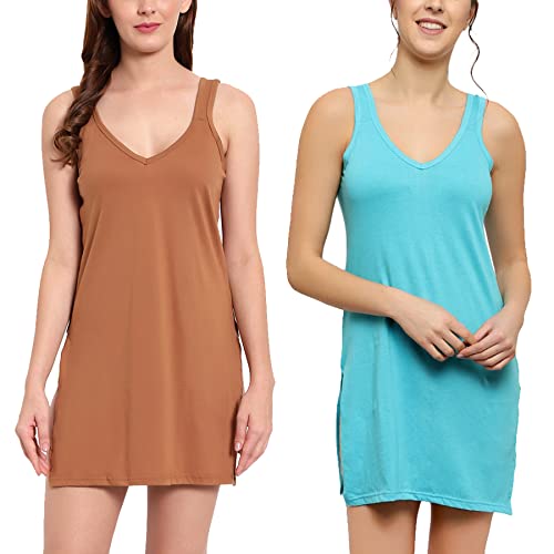 BLAZON Women's Cotton Hosiery Selfie Midi Slip Combo Pack of 2 (Available Sizes: XS, S, M, L, XL, 2XL, 3XL, 4XL, 5XL) - Wood, Turquoise