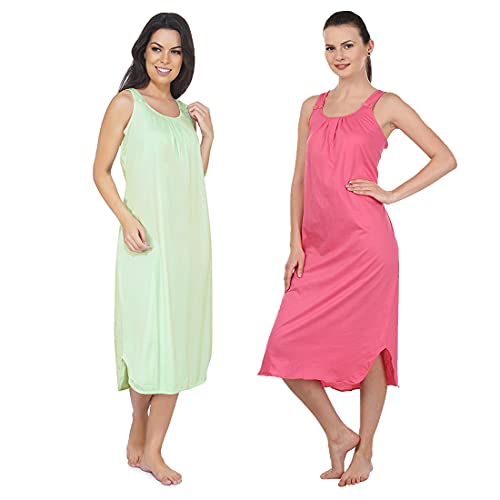 BLAZON Women's Cotton Hosiery Solid Maxi Nighty Slip (Pack of 2) Available Sizes: S, M, L, XL, 2XL, 3XL, 4XL, 5XL - Sea Green, Dark Pink