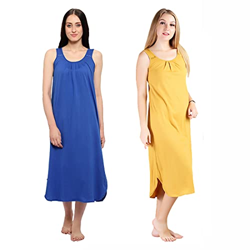 BLAZON Women's Cotton Hosiery Solid Maxi Nighty Slip (Pack of 2) Available Sizes: S, M, L, XL, 2XL, 3XL, 4XL, 5XL - Sapphire Blue, Whiskey