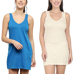 BLAZON Women's Cotton Hosiery Selfie Midi Slip Combo Pack of 2 (Available Sizes: XS, S, M, L, XL, 2XL, 3XL, 4XL, 5XL) - Royal Blue, Off White