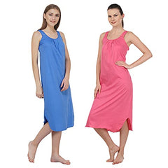 BLAZON Women's Cotton Hosiery Solid Maxi Nighty Slip (Pack of 2) Available Sizes: S, M, L, XL, 2XL, 3XL, 4XL, 5XL - Azure Blue, Dark Pink