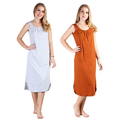 BLAZON Women's Cotton Hosiery Solid Maxi Nighty Slip (Pack of 2) Available Sizes: S, M, L, XL, 2XL, 3XL, 4XL, 5XL - Blueberry Frost, Brandy