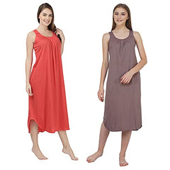 BLAZON Women's Cotton Hosiery Solid Maxi Nighty Slip (Pack of 2) Available Sizes: S, M, L, XL, 2XL, 3XL, 4XL, 5XL - Brownish Grey, Old Rose