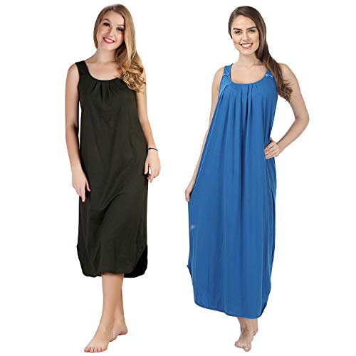 BLAZON Women's Cotton Hosiery Solid Maxi Nighty Slip (Pack of 2) Available Sizes: S, M, L, XL, 2XL, 3XL, 4XL, 5XL - Martini Olive, Royal Blue