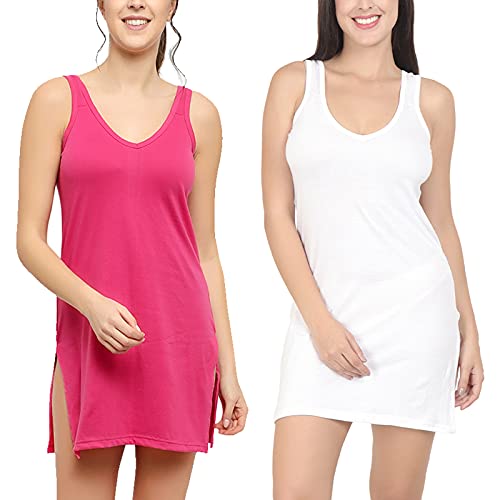 BLAZON Women's Cotton Hosiery Selfie Midi Slip Combo Pack of 2 (Available Sizes: XS, S, M, L, XL, 2XL, 3XL, 4XL, 5XL) - Dark Pink, White