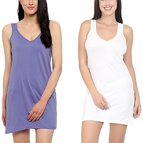 BLAZON Women's Cotton Hosiery Selfie Midi Slip Combo Pack of 2 (Available Sizes: XS, S, M, L, XL, 2XL, 3XL, 4XL, 5XL) - Lavender, White