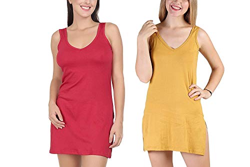 BLAZON Women's Cotton Hosiery Selfie Midi Slip Combo Pack of 2 (Available Sizes: XS, S, M, L, XL, 2XL, 3XL, 4XL, 5XL) - Red, Whiskey