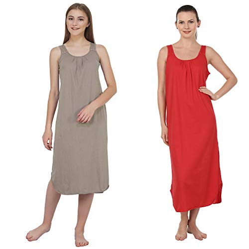 BLAZON Women's Cotton Hosiery Solid Maxi Nighty Slip (Pack of 2) Available Sizes: S, M, L, XL, 2XL, 3XL, 4XL, 5XL - Smoky Grey, Red