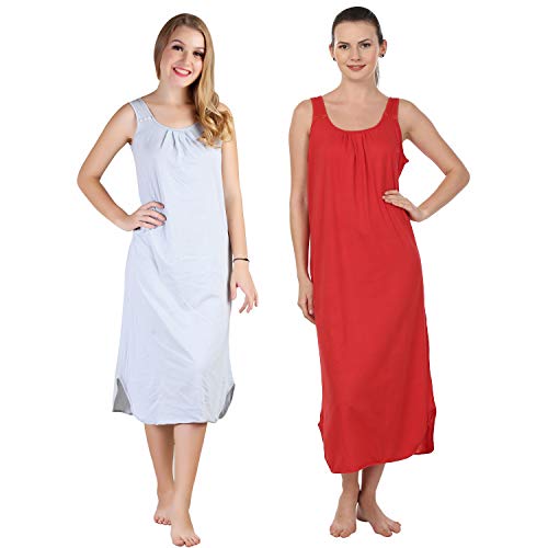 BLAZON Women's Cotton Hosiery Solid Maxi Nighty Slip (Pack of 2) Available Sizes: S, M, L, XL, 2XL, 3XL, 4XL, 5XL - Blueberry Frost, Red