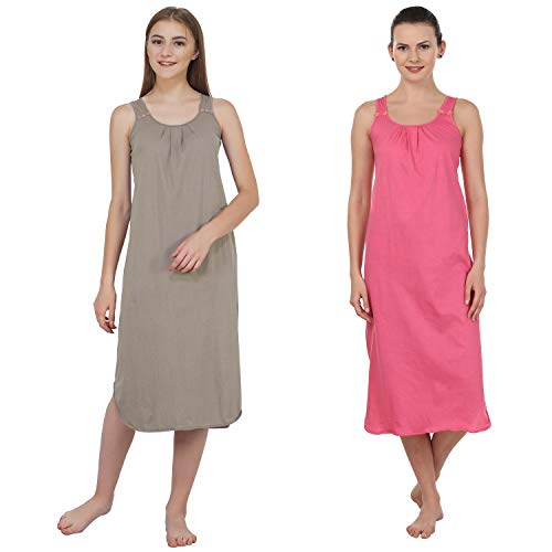 BLAZON Women's Cotton Hosiery Solid Maxi Nighty Slip (Pack of 2) Available Sizes: S, M, L, XL, 2XL, 3XL, 4XL, 5XL - Smoky Grey, Dark Pink