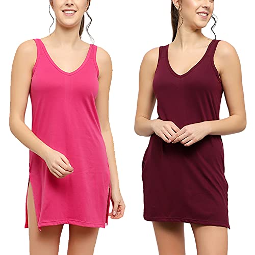 BLAZON Women's Cotton Hosiery Selfie Midi Slip Combo Pack of 2 (Available Sizes: XS, S, M, L, XL, 2XL, 3XL, 4XL, 5XL) - Dark Pink, Tamarind