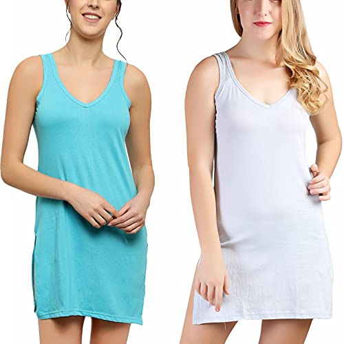 BLAZON Women's Cotton Hosiery Selfie Midi Slip Combo Pack of 2 (Available Sizes: XS, S, M, L, XL, 2XL, 3XL, 4XL, 5XL) - Turquoise, Blueberry Frost