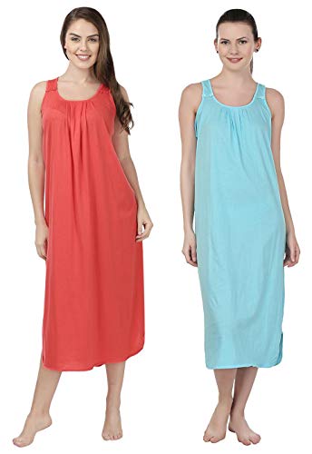 BLAZON Women's Cotton Nighty Slip - Set of 2 (Orange & Turquoise)