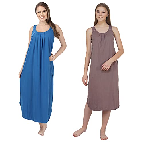 BLAZON Women's Cotton Hosiery Solid Maxi Nighty Slip (Pack of 2) Available Sizes: S, M, L, XL, 2XL, 3XL, 4XL, 5XL - Brownish Grey, Royal Blue