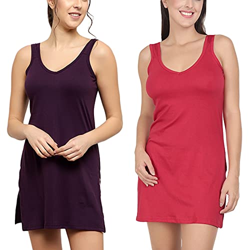 BLAZON Women's Cotton Hosiery Selfie Midi Slip Combo Pack of 2 (Available Sizes: XS, S, M, L, XL, 2XL, 3XL, 4XL, 5XL) - Blueviolet, Red