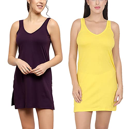 BLAZON Women's Cotton Hosiery Selfie Midi Slip Combo Pack of 2 (Available Sizes: XS, S, M, L, XL, 2XL, 3XL, 4XL, 5XL) - Blueviolet, Yellow