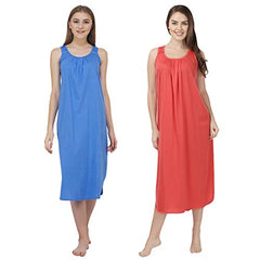 BLAZON Women's Cotton Hosiery Solid Maxi Nighty Slip (Pack of 2) Available Sizes: S, M, L, XL, 2XL, 3XL, 4XL, 5XL - Azure Blue, Old Rose