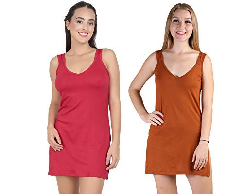 BLAZON Women's Cotton Hosiery Selfie Midi Slip Combo Pack of 2 (Available Sizes: XS, S, M, L, XL, 2XL, 3XL, 4XL, 5XL) - Red, Brandy