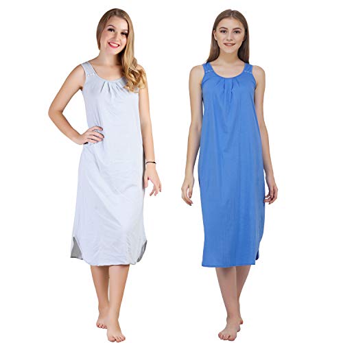 BLAZON Women's Cotton Hosiery Solid Maxi Nighty Slip (Pack of 2) Available Sizes: S, M, L, XL, 2XL, 3XL, 4XL, 5XL - Blueberry Frost, Azure Blue