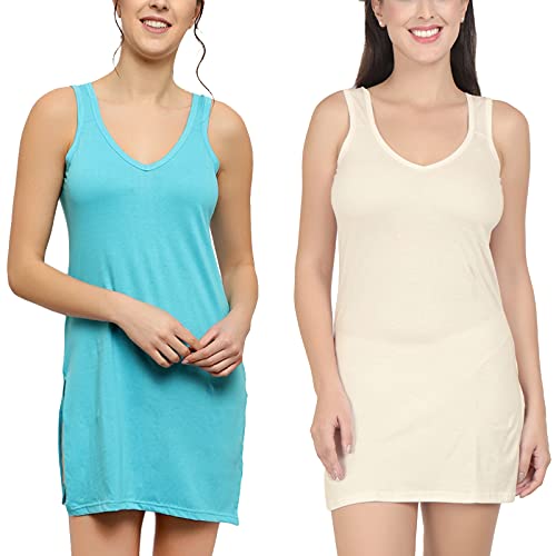 BLAZON Women's Cotton Hosiery Selfie Midi Slip Combo Pack of 2 (Available Sizes: XS, S, M, L, XL, 2XL, 3XL, 4XL, 5XL) - Turquoise, Off White