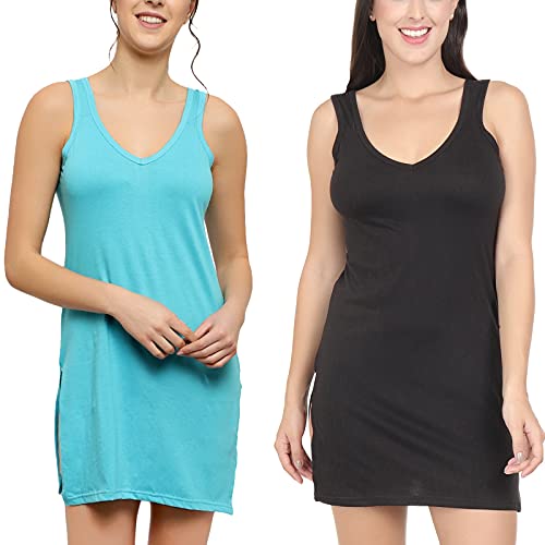 BLAZON Women's Cotton Hosiery Selfie Midi Slip Combo Pack of 2 (Available Sizes: XS, S, M, L, XL, 2XL, 3XL, 4XL, 5XL) - Turquoise, Black