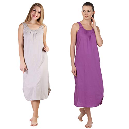 BLAZON Women's Cotton Hosiery Solid Maxi Nighty Slip (Pack of 2) Available Sizes: S, M, L, XL, 2XL, 3XL, 4XL, 5XL - Almond Frost, Purple