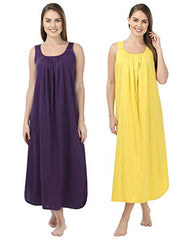 BLAZON Women's Cotton Nighty Slip - Set of 2 (Blueviolet & Yellow)