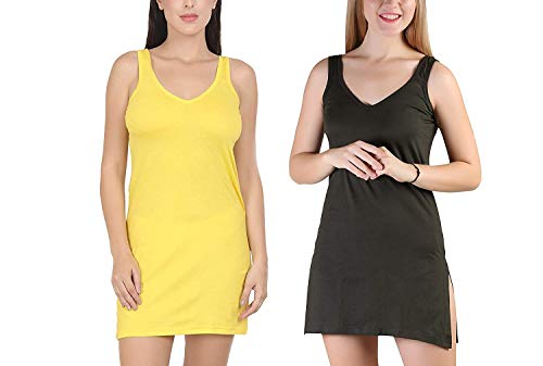 BLAZON Women's Cotton Hosiery Selfie Midi Slip Combo Pack of 2 (Available Sizes: XS, S, M, L, XL, 2XL, 3XL, 4XL, 5XL) - Yellow, Martini Olive