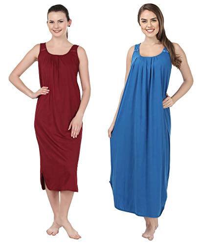 BLAZON Women's Cotton Nighty Slip - Set of 2 (Maroon & Royal Blue)