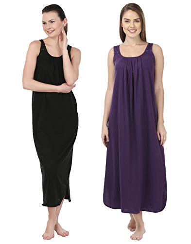 BLAZON Women's Cotton Nighty Slip - Set of 2 (Black & Blueviolet)