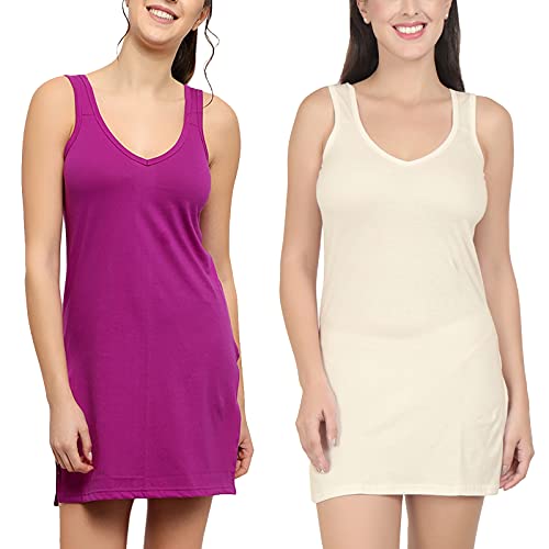 BLAZON Women's Cotton Hosiery Selfie Midi Slip Combo Pack of 2 (Available Sizes: XS, S, M, L, XL, 2XL, 3XL, 4XL, 5XL) - Vivid Violet, Off White